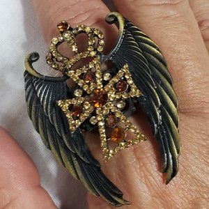 Winged Southern Cross Bling Antiqued Gold Ring OS NWT